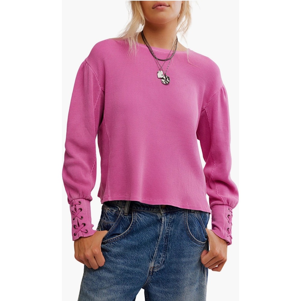 Free People We The Free Lapis Lace-Up Cuff‎ Cotton Thermal Top Pink Size Large